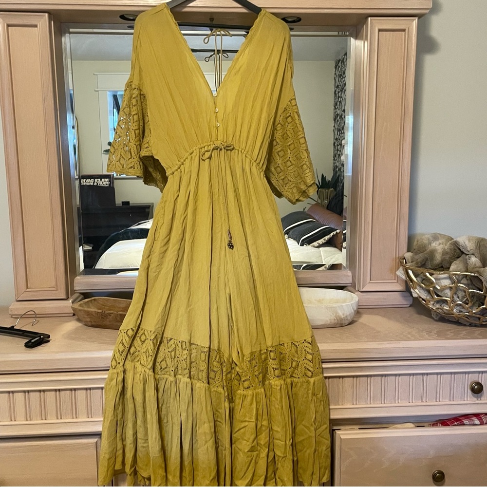 Free People Angela Jumpsuit Mustard Yellow Lace-Trim Wide-Leg Jumpsuit - Picture 4 of 7